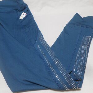 NEW LYDAA DENIM BLUE STRETCH WORKOUT LEGGINGS PANTS POCKETS & RHINESTONE ACCENTS